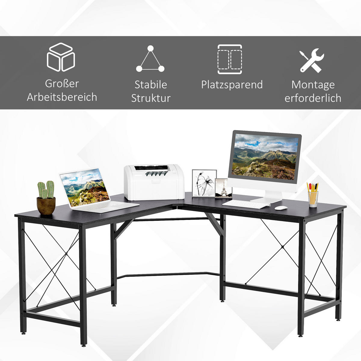 Computertisch 836-122BK schwarz B/H/L: ca. 150x76x150 cm 836-122BK - schwarz (150,00/150,00/76,00cm) - HOMCOM