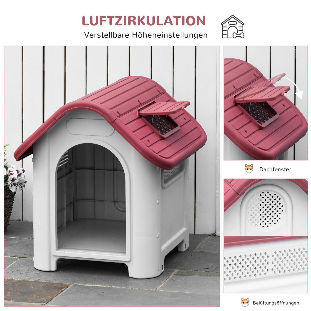 PawHut Hundehütte rot Kunststoff B/H/L: ca. 75x66x59 cm Hundehütte - hellgrau/rot (59,00/75,00/66,00cm) - PawHut