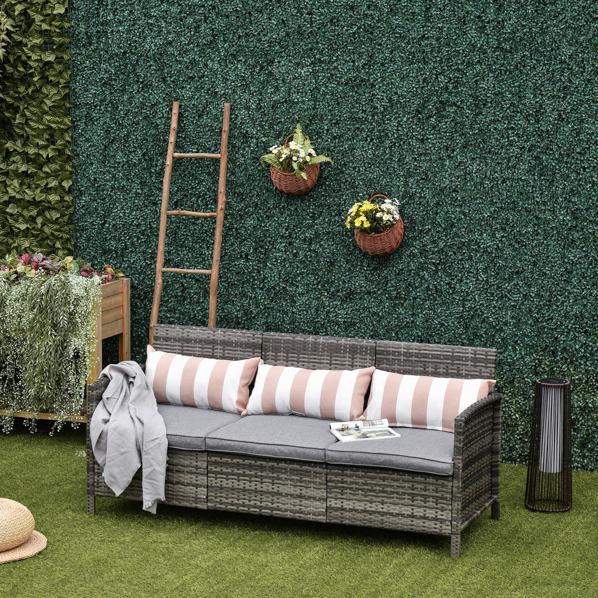 Outsunny Loungesofa grau Stahl B/H/T: ca. 173x78x68 cm Loungesofa_als_3sitzer - beige/grau (173,00/78,00/68,00cm) - Outsunny