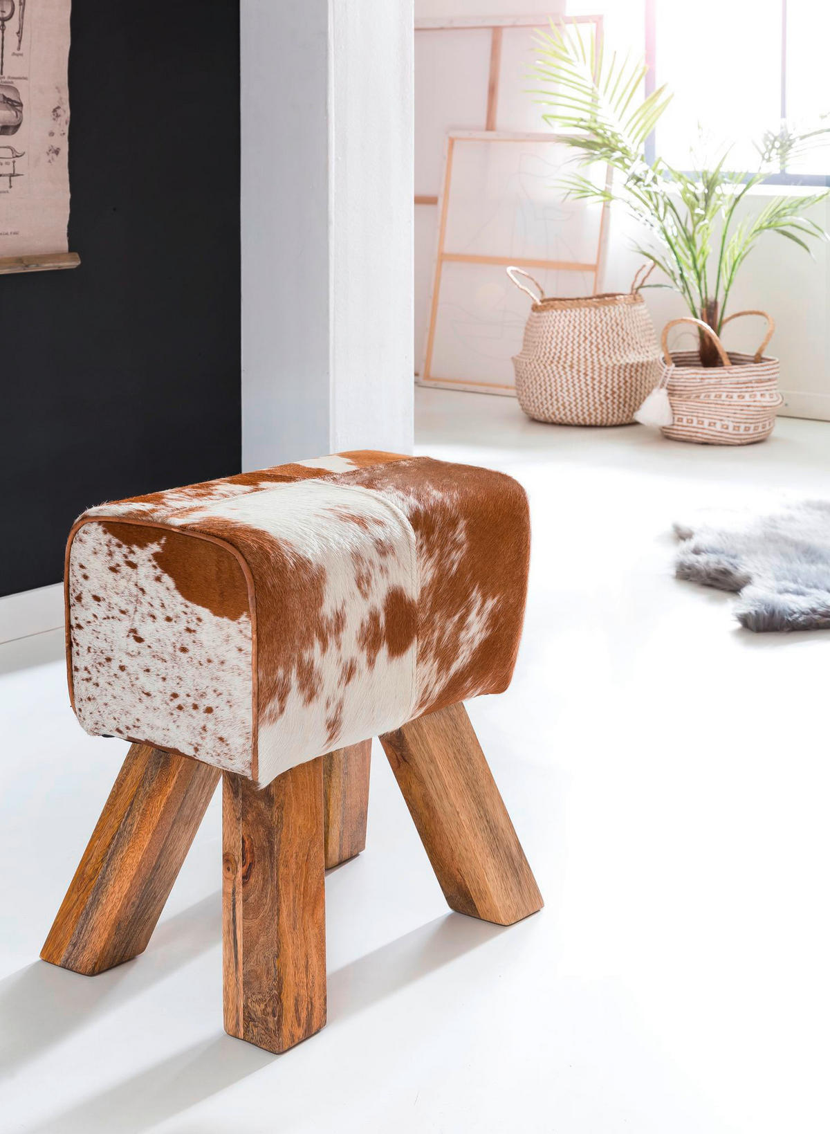Wohnling Sitzhocker natur natur Leder Echtholz B/H/T: ca. 40x47x25 cm Sitzhocker - natur (40,00/47,00/25,00cm) - Wohnling