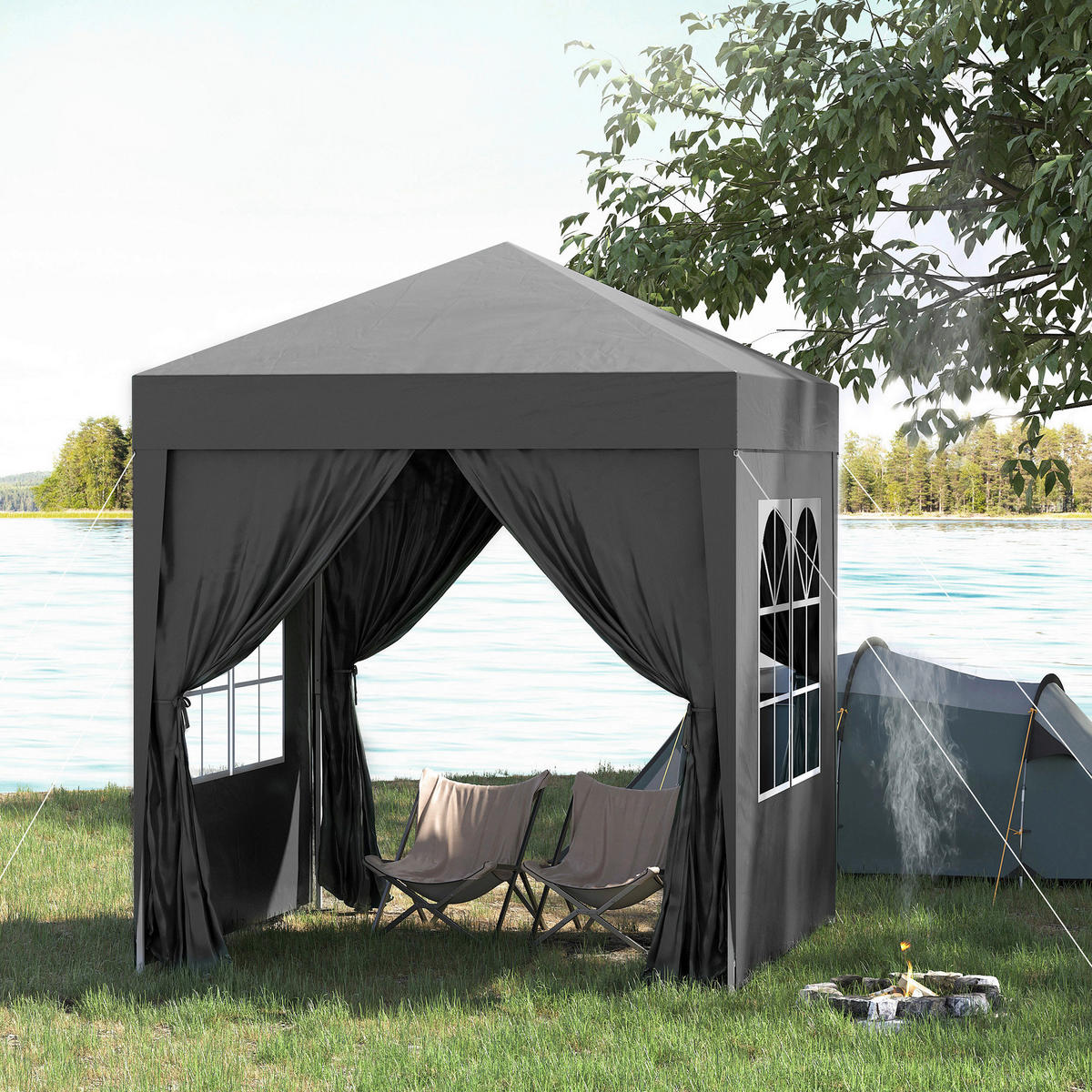 Outsunny Faltpavillon schwarz Stoff B/H/L: ca. 200x240x200 cm Faltpavillon - schwarz (200,00/200,00/240,00cm) - Outsunny