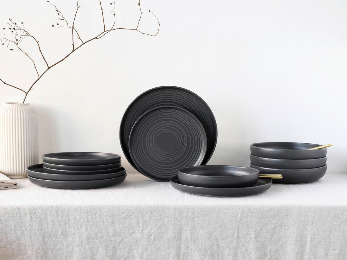 CreaTable Tafelservice Uno Black Lava Stone schwarz Steinzeug 12 tlg. Uno Black Lava Stone - schwarz - CreaTable