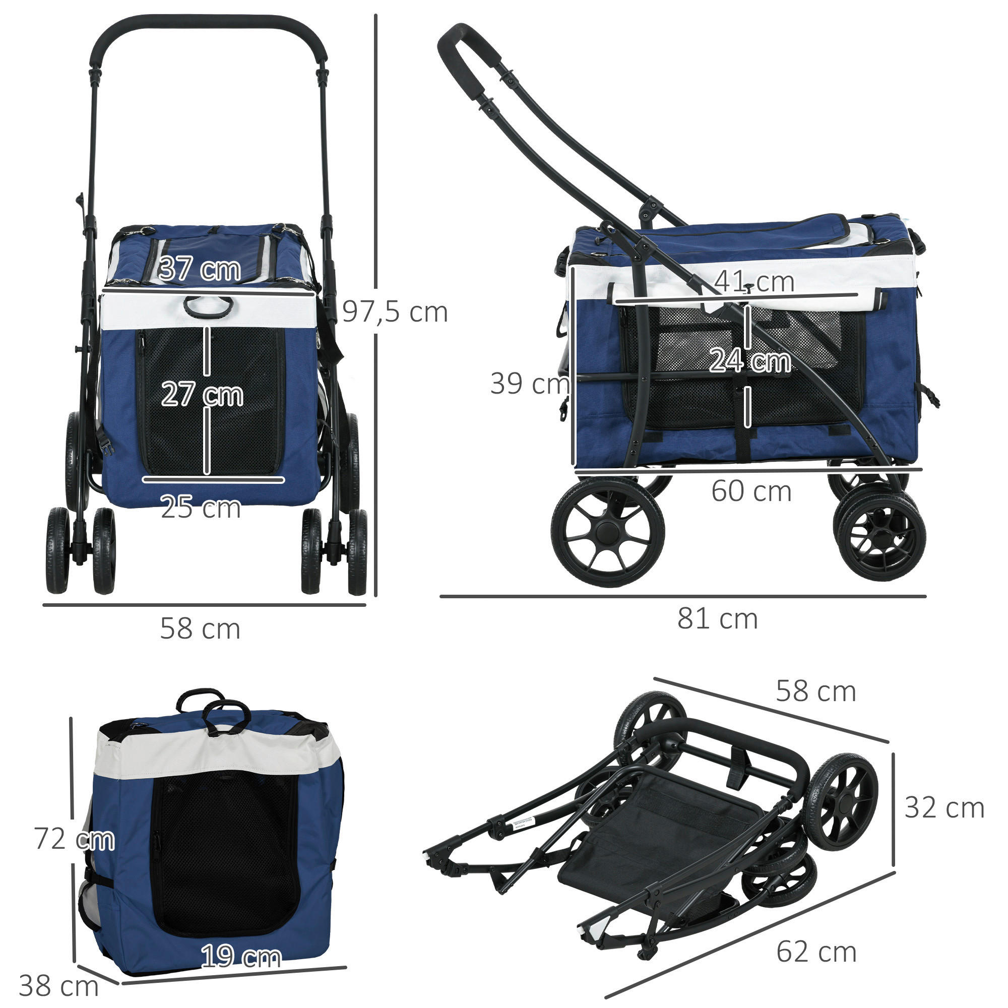 PawHut Hunde-Zubehör blau Polyester B/H/L: ca. 58x81x97,5 cm Hundebuggy - blau (97,50/58,00/81,00cm) - PawHut