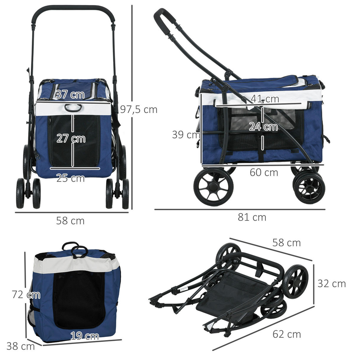 PawHut Hunde-Zubehör blau Polyester B/H/L: ca. 58x81x97,5 cm Hundebuggy - blau (97,50/58,00/81,00cm) - PawHut