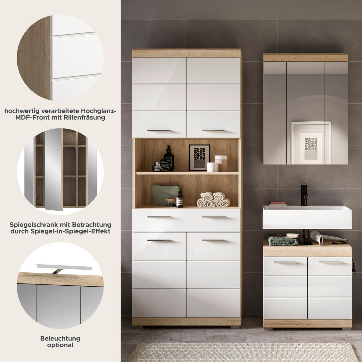 Badezimmer-Set Lambada Eiche Sonoma Nachbildung weiß Hochglanz B/H/T: ca. 149x34x191 cm Lambada - Eiche/weiß (149,00/34,00/191,00cm) - xonox.home