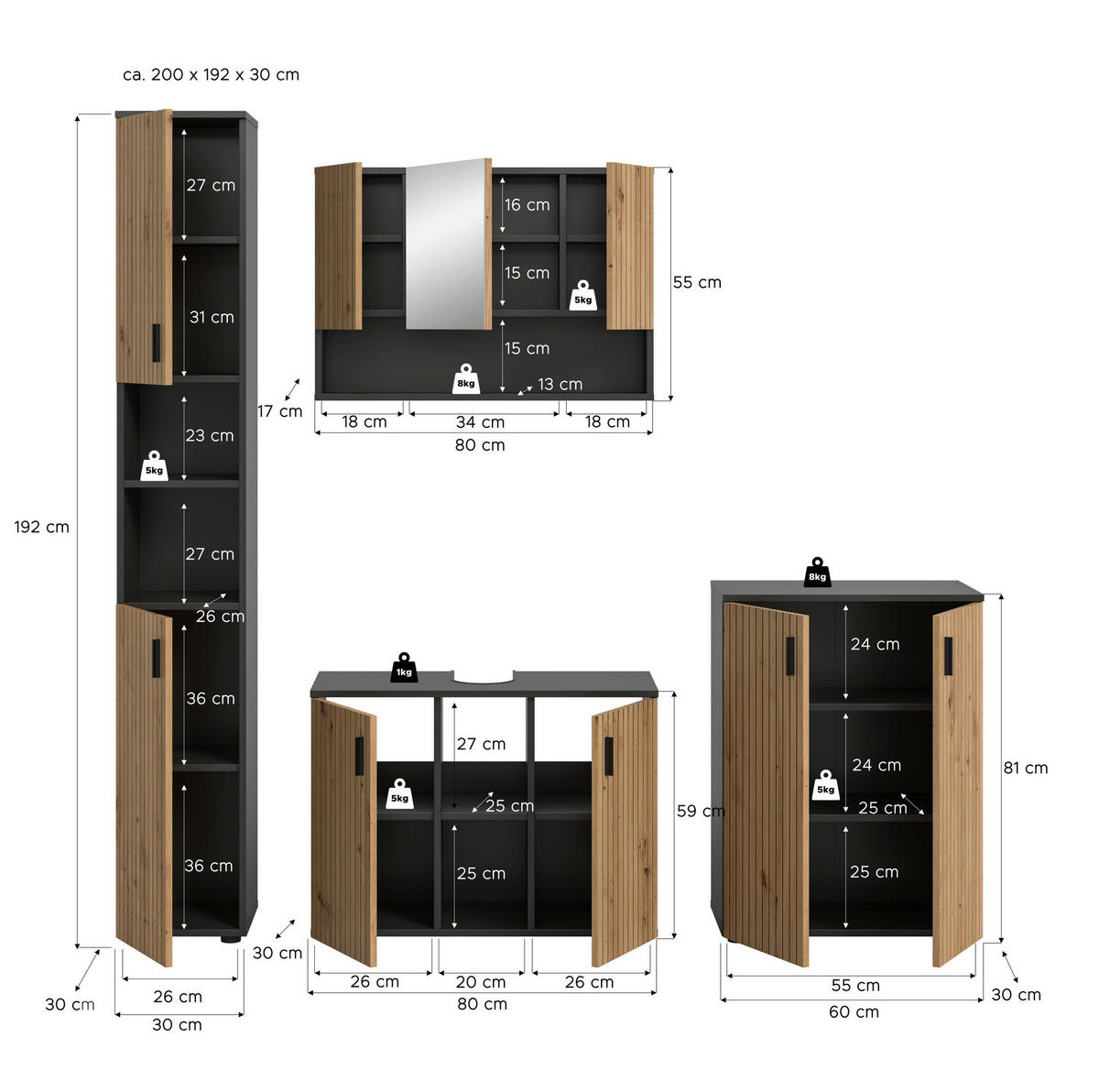 Badezimmer-Set Mone Basalt Nachbildung Artisan Oak Nachbildung B/H/T: ca. 200x192x30 cm Mone - Basalt (200,00/192,00/30,00cm) - xonox.home