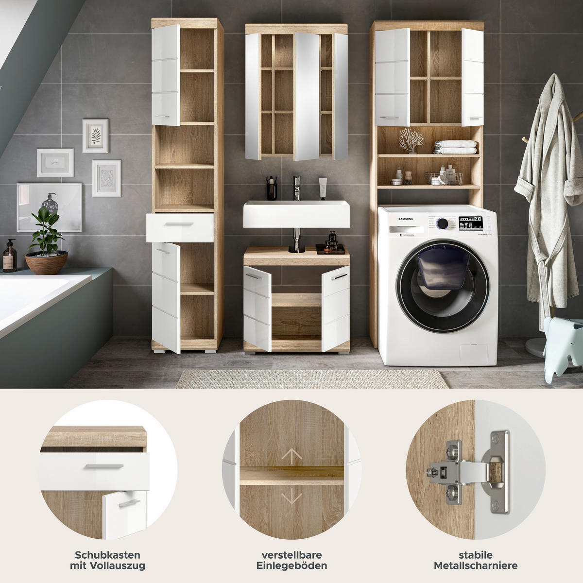 Badezimmer-Set Lambada Eiche Sonoma Nachbildung weiß Hochglanz B/H/T: ca. 190x191x34 cm Lambada - Eiche/weiß (190,00/191,00/34,00cm) - xonox.home