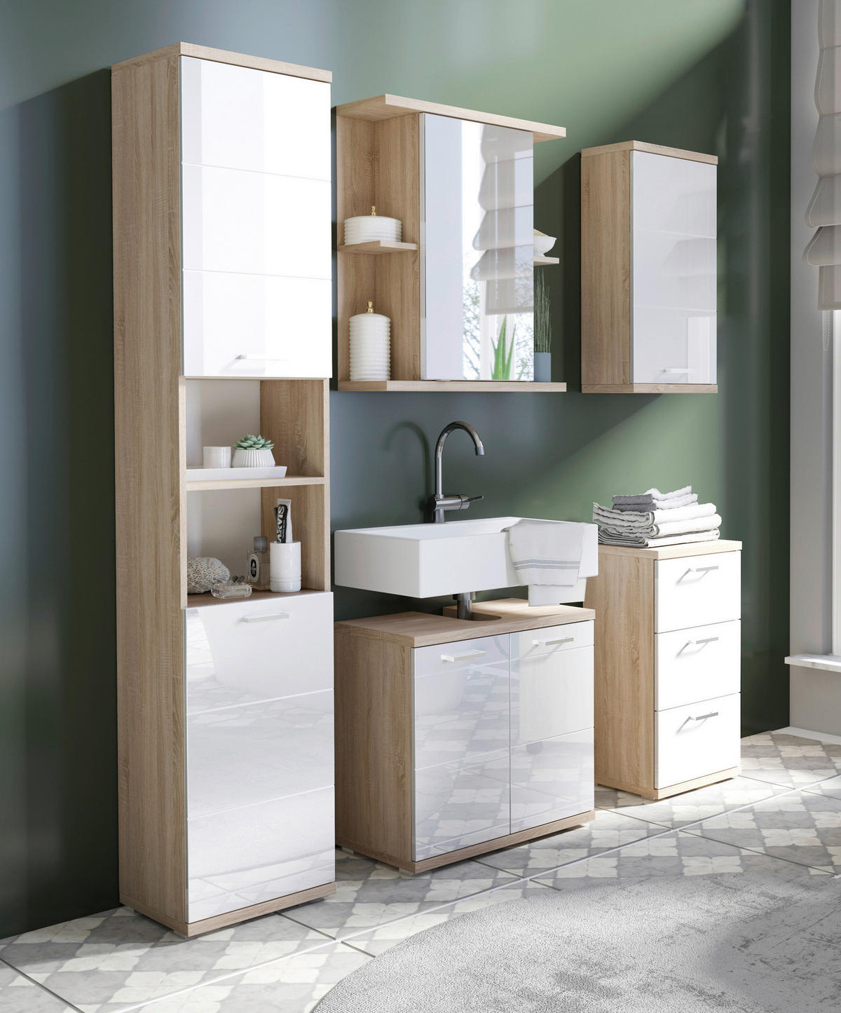 Waschbeckenunterschrank NEBRASKA Eiche Nachbildung weiß Lack Hochglanz silber B/H/T: ca. 60x59x31,5 cm NEBRASKA - Eiche/weiß (60,00/59,00/31,50cm) - byLIVING