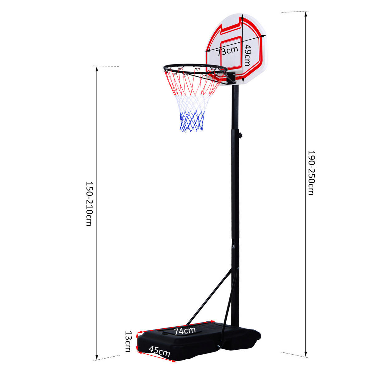 HOMCOM Basketballkorb schwarz B/H/L: ca. 73x210x74 cm Kinder_Basketballkorb - weiß/rot (74,00/73,00/210,00cm) - HOMCOM