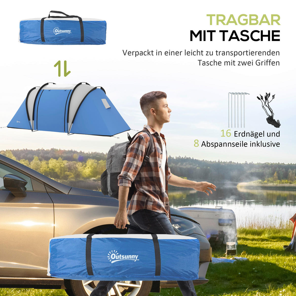 Outsunny Tunnelzelt B/H/L: ca. 220x180x450 cm Tunnelzelt - blau (450,00/220,00/180,00cm) - Outsunny