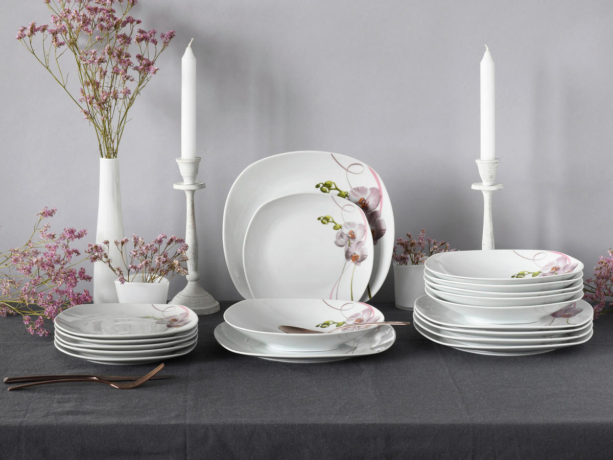 CreaTable Tellerset Square Orchidee weiß Porzellan Square Orchidee - weiß/mauve - CreaTable