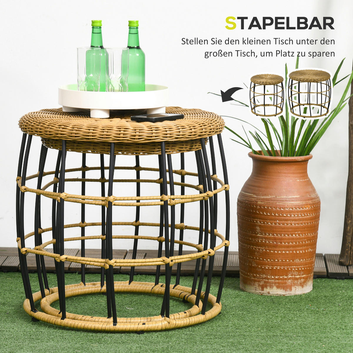 Outsunny Beistelltisch khaki Polypropylen B/H/L: ca. 58x58x53 cm Rattan_Beistelltisch-Set - khaki (53,00/58,00/58,00cm) - Outsunny