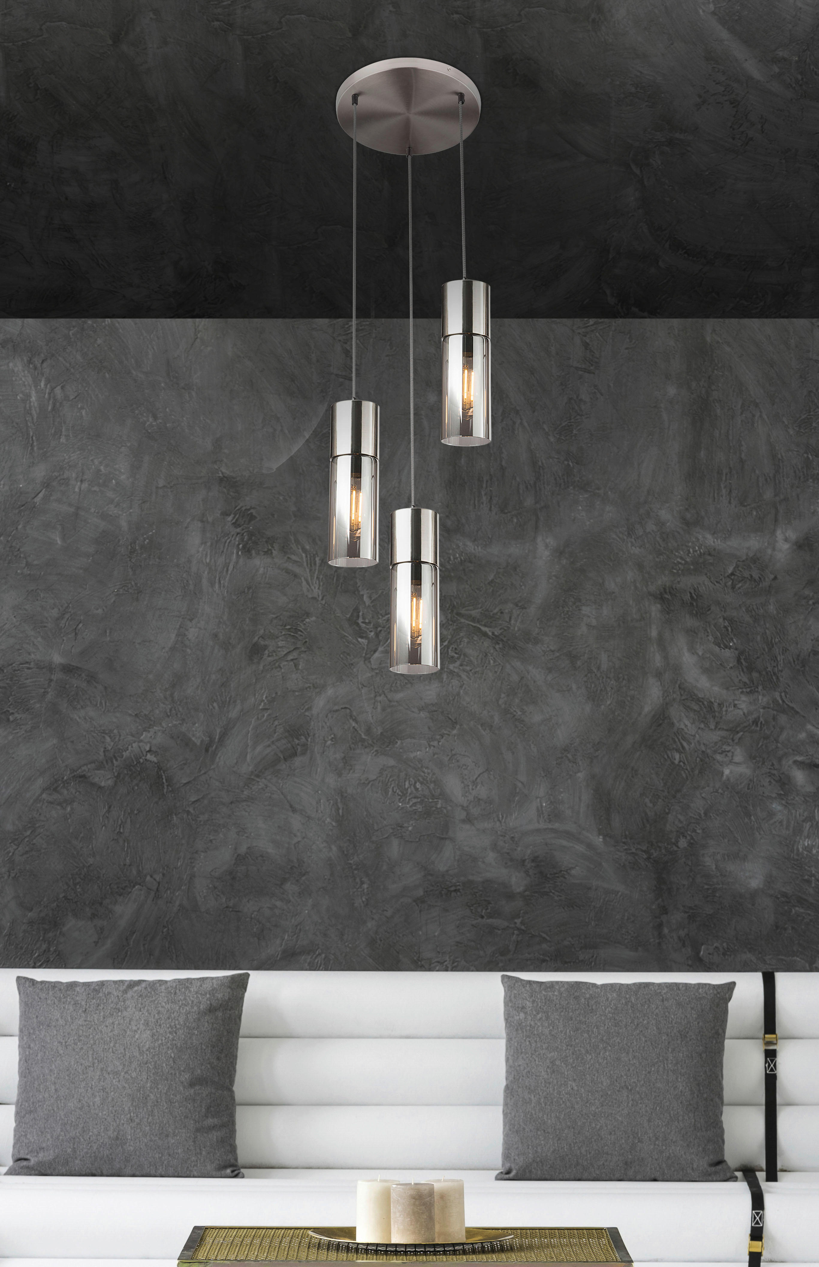 GLOBO Pendelleuchte nickel matt Metall Glas H/D: ca. 150x30 cm E27 3 Brennstellen ANNIKA - nickel matt (30,00/150,00cm) - GLOBO