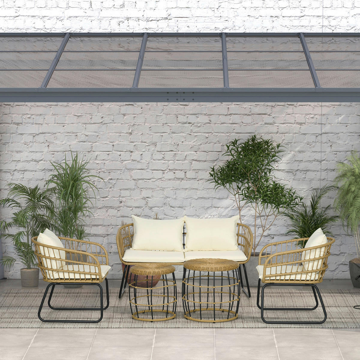 Outsunny Sitzgruppe beige Edelstahl B/H/L: ca. 70x145x78 cm Rattan_Gartenmöbel-Set - beige (78,00/70,00/145,00cm) - Outsunny