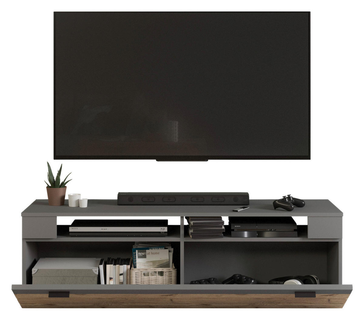 Wohnwand Freno grau matt Eiche Nox Oak Nachbildung B/H/T: ca. 350x195x40 cm Freno - Eiche/grau (350,00/195,00/40,00cm) - xonox.home