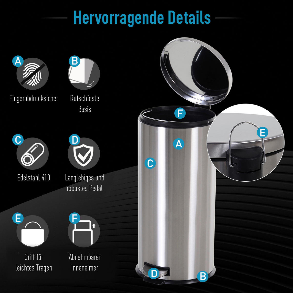 HOMCOM Treteimer silber Treteimer - schwarz/silber - HOMCOM