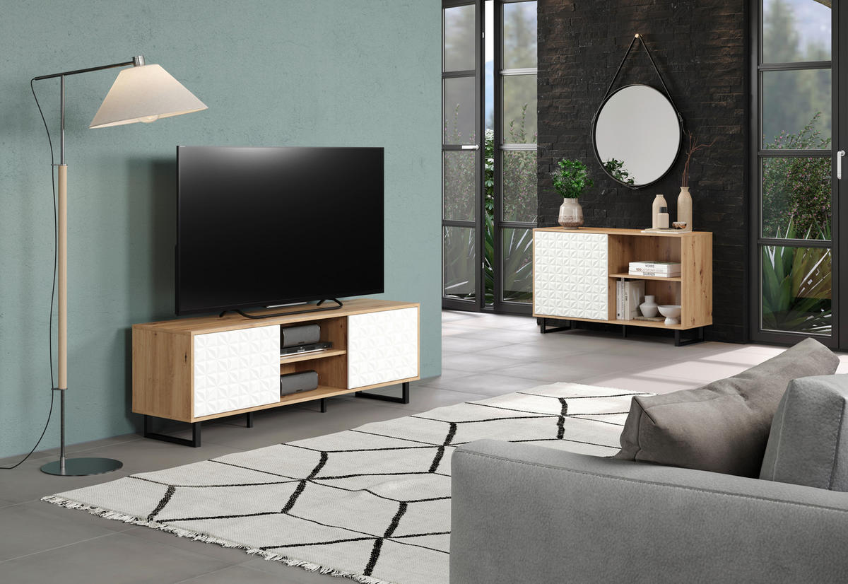 TV-Lowboard Aventura weiß matt Eiche Artisan Nachbildung B/H/T: ca. 154x52x40 cm Aventura - Eiche/weiß (154,00/52,00/40,00cm) - Trendteam
