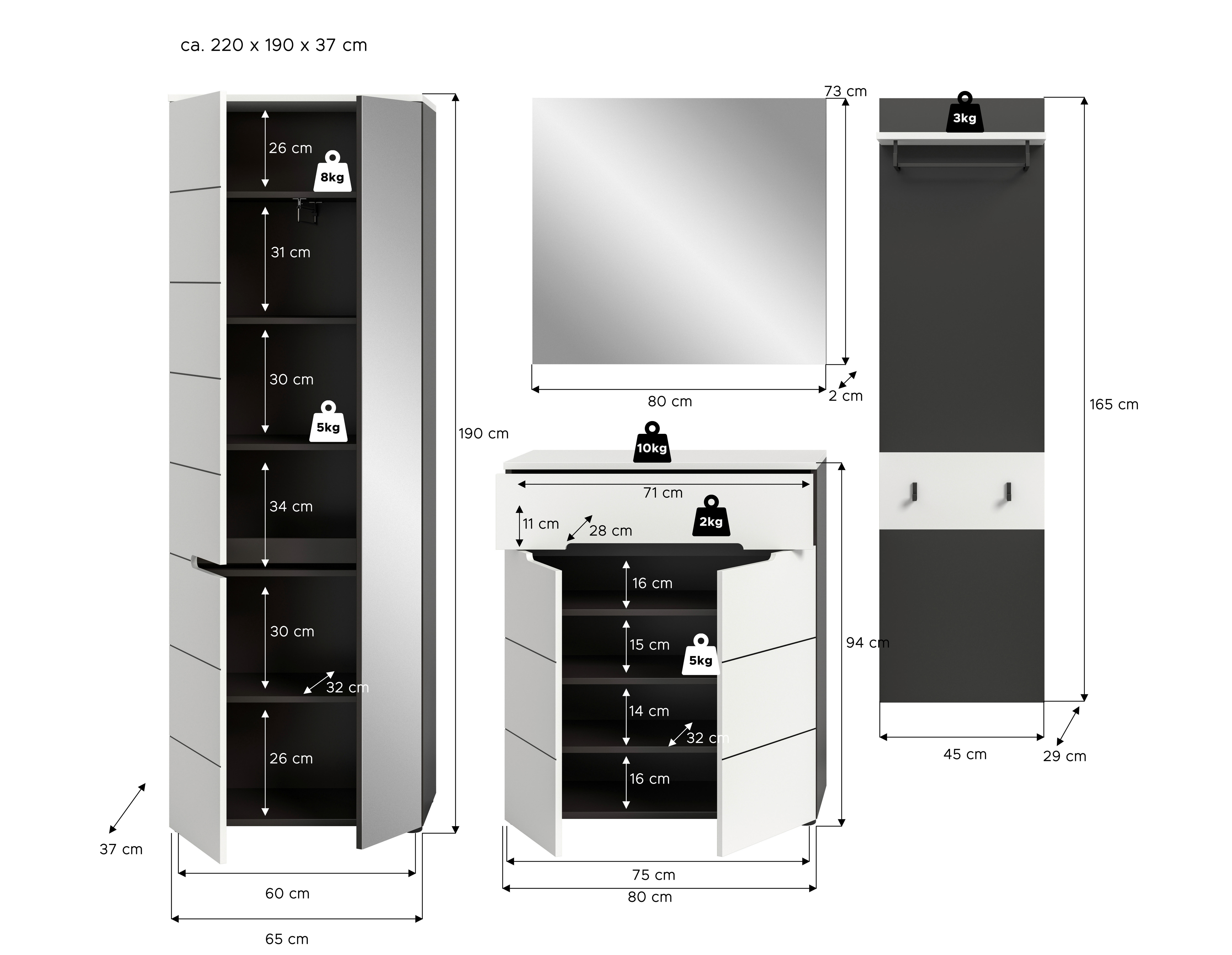 Garderobe Canu basaltgrau Nachbildung weiß B/H/T: ca. 220x190x37 cm Canu - weiß/basaltgrau (220,00/190,00/37,00cm) - xonox.home