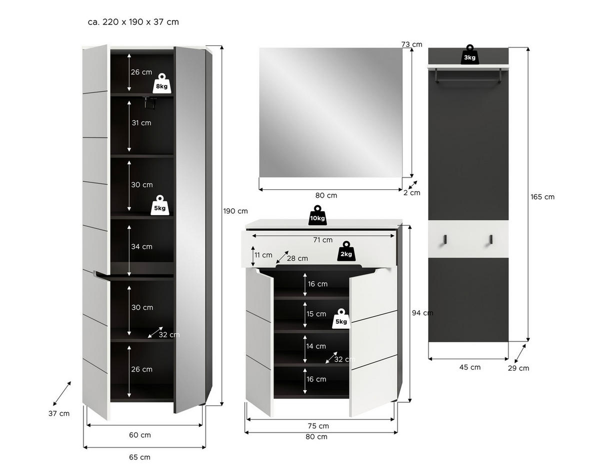 Garderobe Canu basaltgrau Nachbildung weiß B/H/T: ca. 220x190x37 cm Canu - weiß/basaltgrau (220,00/190,00/37,00cm) - xonox.home