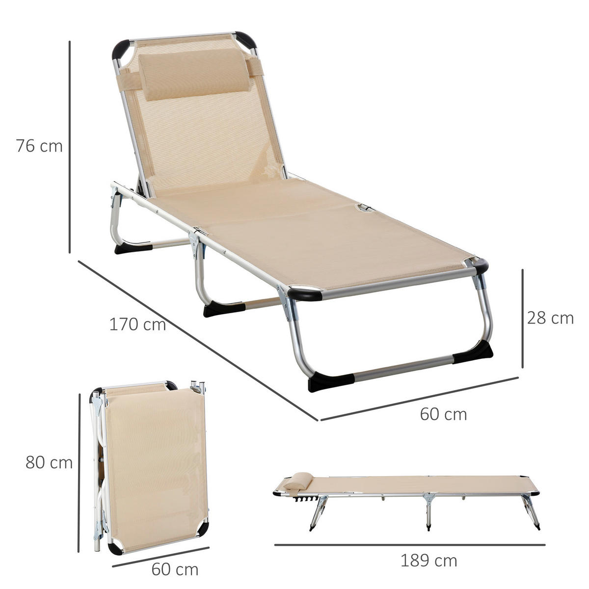 Outsunny Gartenliege beige Aluminium B/H/L: ca. 60x28x189 cm Gartenliege - beige (189,00/60,00/28,00cm) - Outsunny