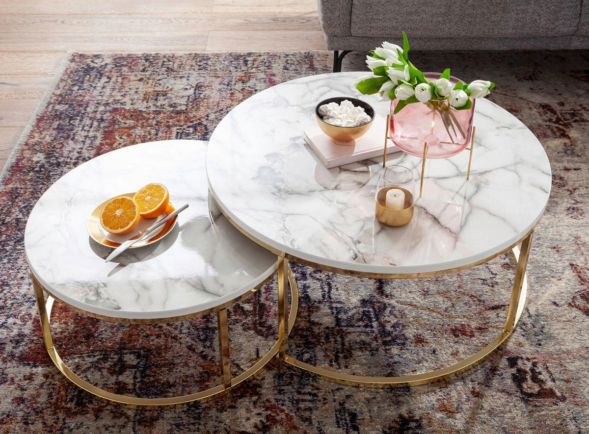 Wohnling Couchtisch 2er-Set weiß Marmor gold MDF Stahl 2er-Set - gold/weiß - Wohnling