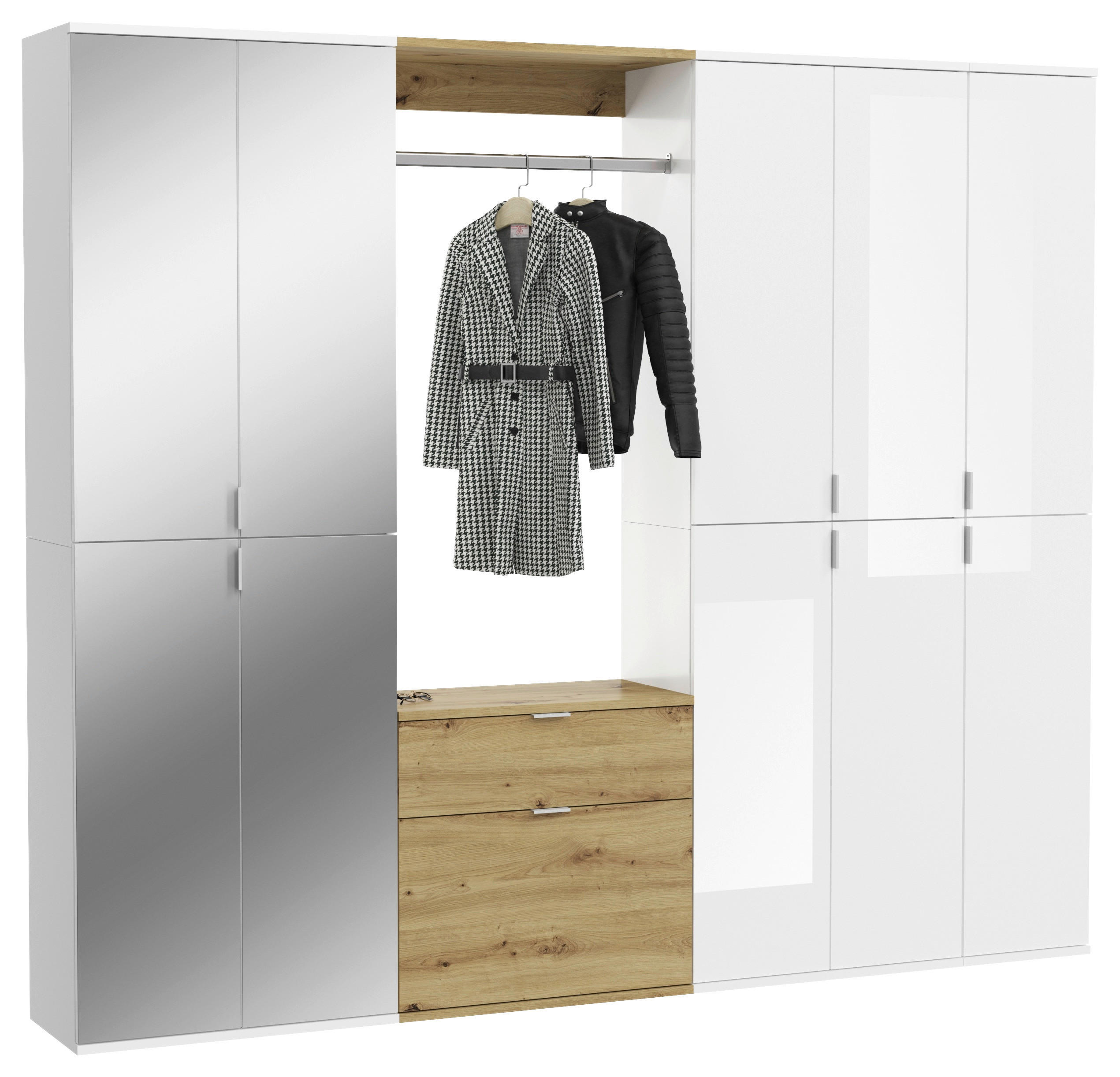 Garderobe PROJEKT Eiche Artisan Nachbildung weiß Hochglanz Spiegel B/H/T: ca. 213x193x34 cm PROJEKT - Eiche/weiß (213,00/193,00/34,00cm) - xonox.home