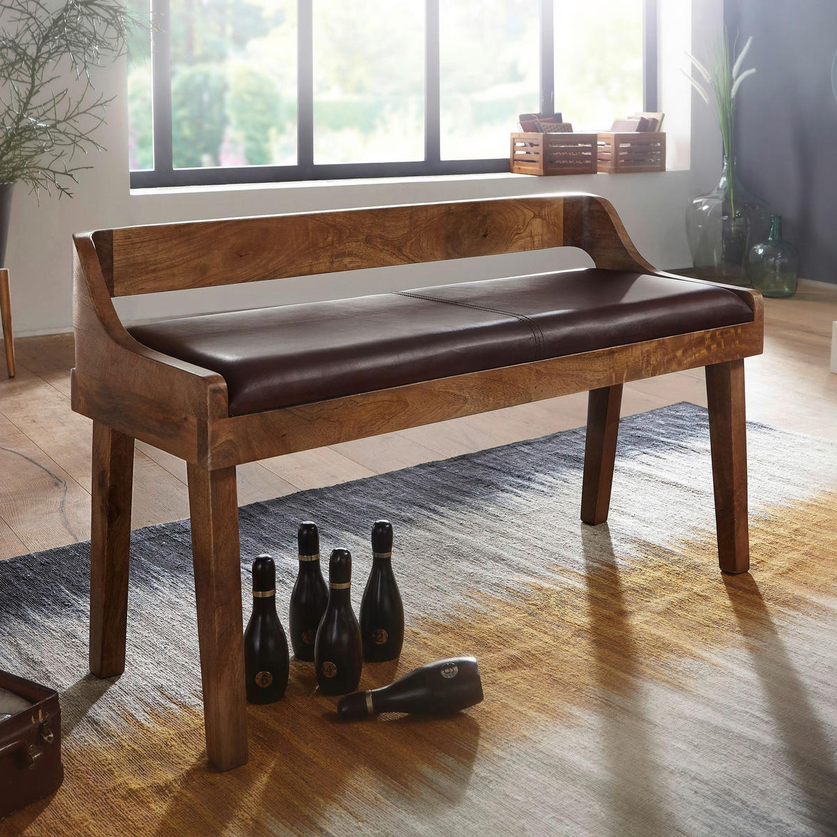 Wohnling Sitzbank dunkelbraun natur Leder Echtholz B/H/T: ca. 108x63x43 cm Sitzbank - dunkelbraun/natur (108,00/63,00/43,00cm) - Wohnling