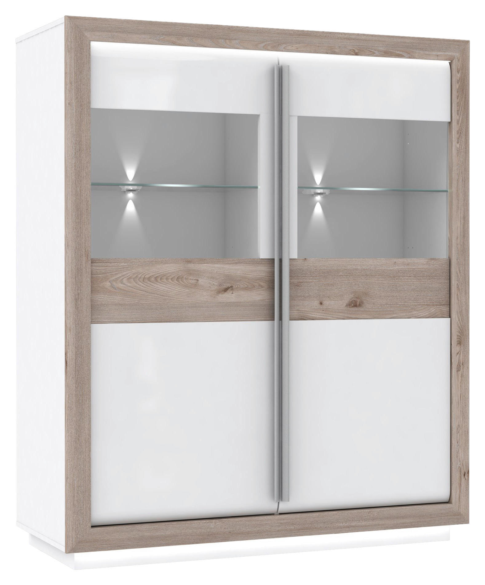 Vitrine  weiß Eiche Nelson Nachbildung weiß Hochglanz B/H/T: ca. 133x161,8x53 cm Canne_Vitrine CQNV621B-C141 - Eiche/weiß (133,00/161,80/53,00cm)