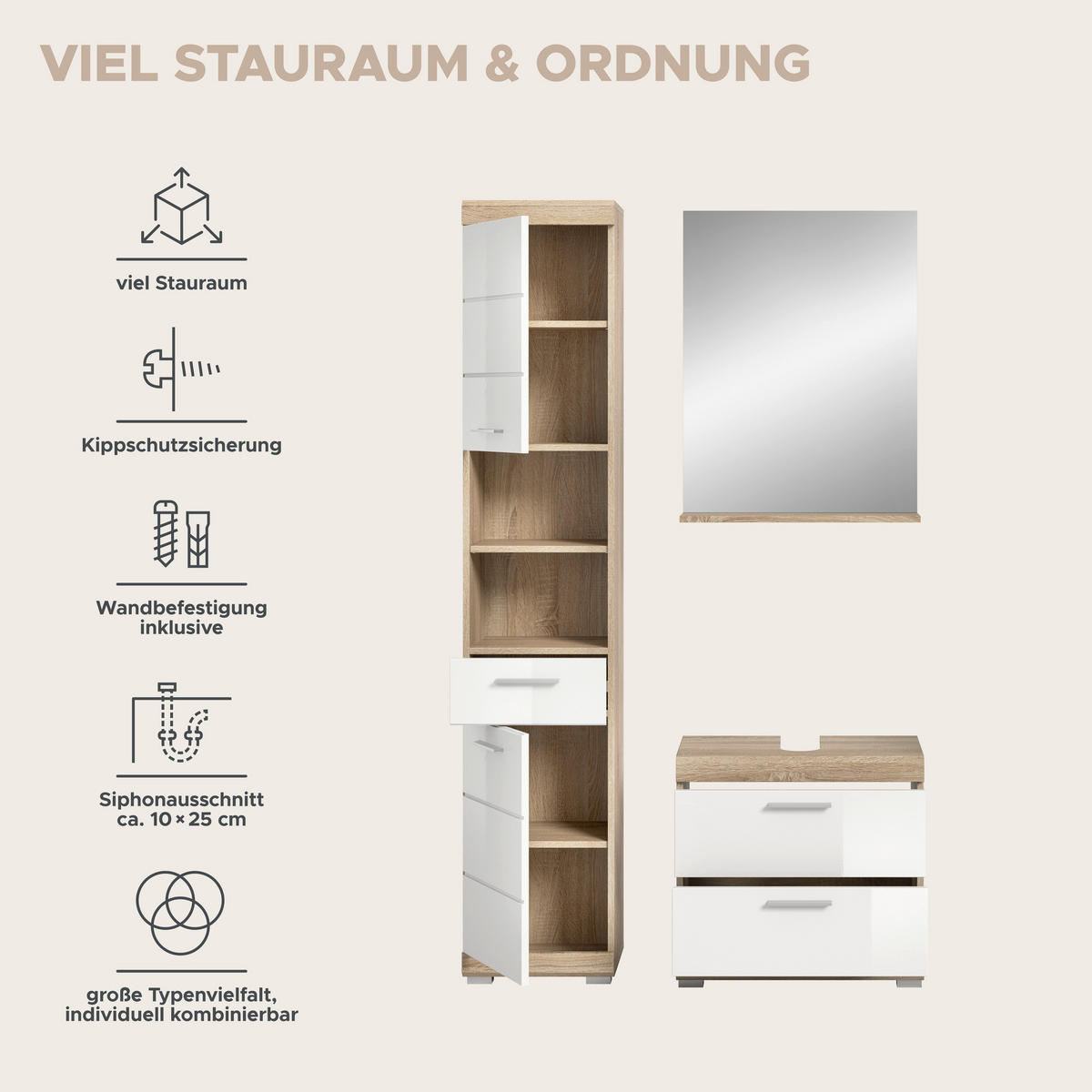 Badezimmer-Set Lambada Eiche Sonoma Nachbildung weiß Hochglanz B/H/T: ca. 112x191x37 cm Lambada - Eiche/weiß (112,00/191,00/37,00cm) - xonox.home