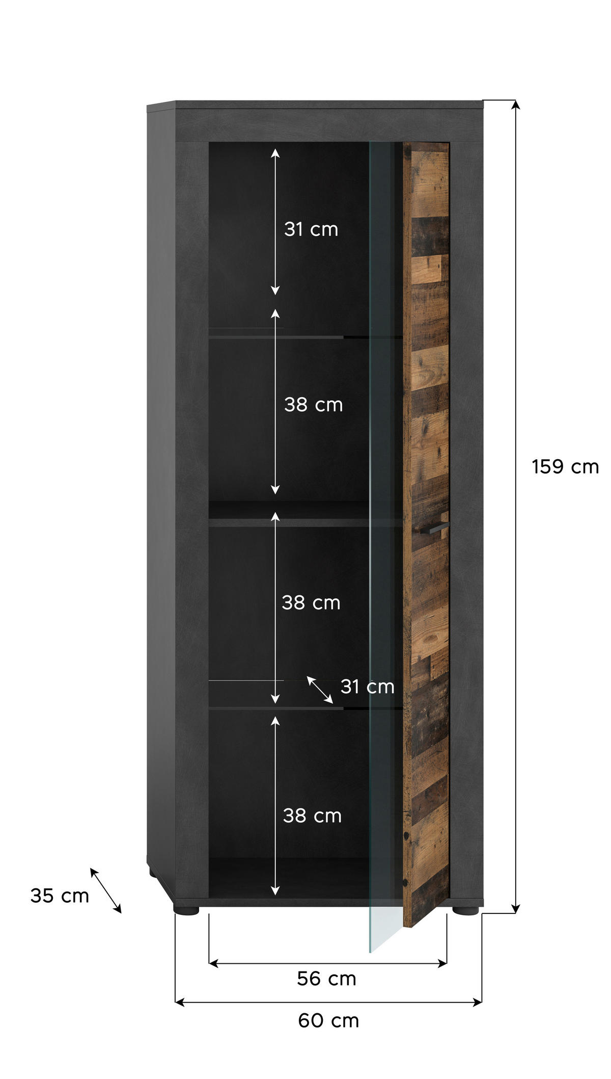 Vitrine Jam Matera Nachbildung Old Wood Nachbildung B/H/T: ca. 159x60x35 cm Jam - (159,00/60,00/35,00cm) - xonox.home