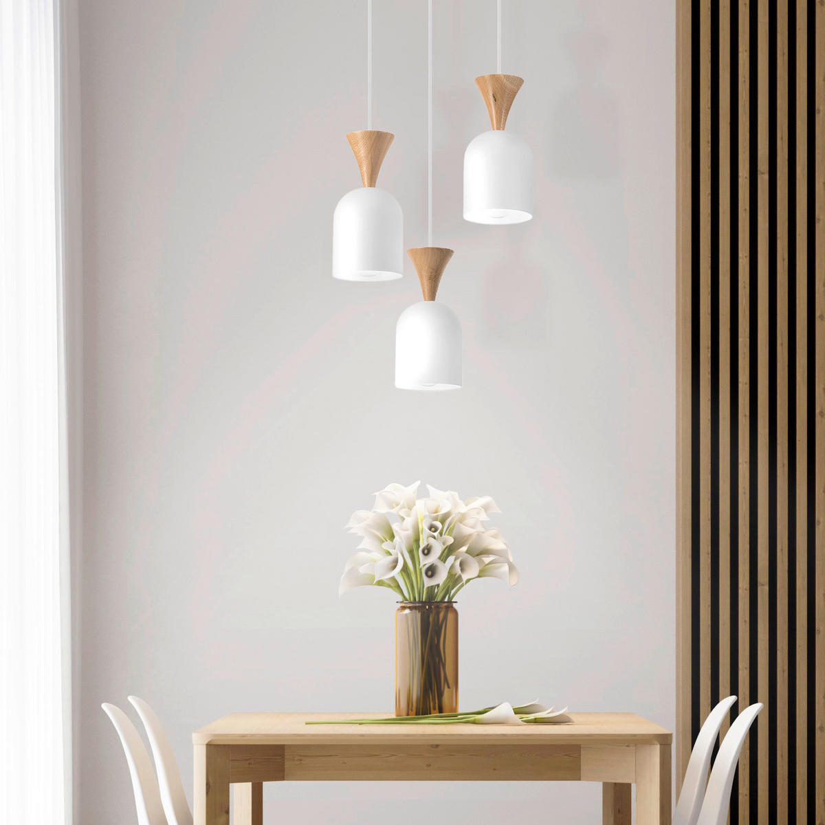 Lamkur Hängeleuchte Eiche weiß Stahl Holz B/H/L: ca. 34x100x34 cm E27 3 Brennstellen Nolan - Eiche/weiß (34,00/34,00/100,00cm) - Lamkur