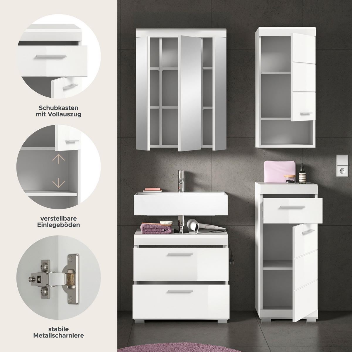 Badezimmer-Set Scout weiß weiß Hochglanz B/H/T: ca. 112x191x37 cm Scout - weiß (112,00/191,00/37,00cm) - xonox.home