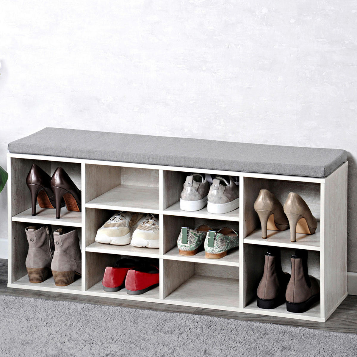 Kesper Schuhschrank mit Sitzkissen weiß Spanplatte B/H/L: ca. 29,5x48x103,5 cm Schuhschrank_mit_Sitzkissen - weiß/grau (103,50/29,50/48,00cm) - Kesper