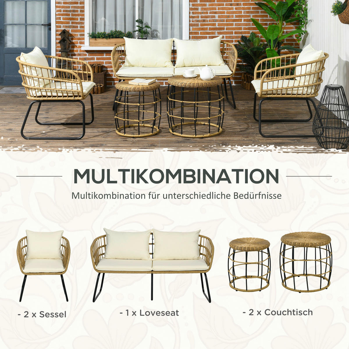 Outsunny Sitzgruppe beige Edelstahl B/H/L: ca. 70x145x78 cm Rattan_Gartenmöbel-Set - beige (78,00/70,00/145,00cm) - Outsunny
