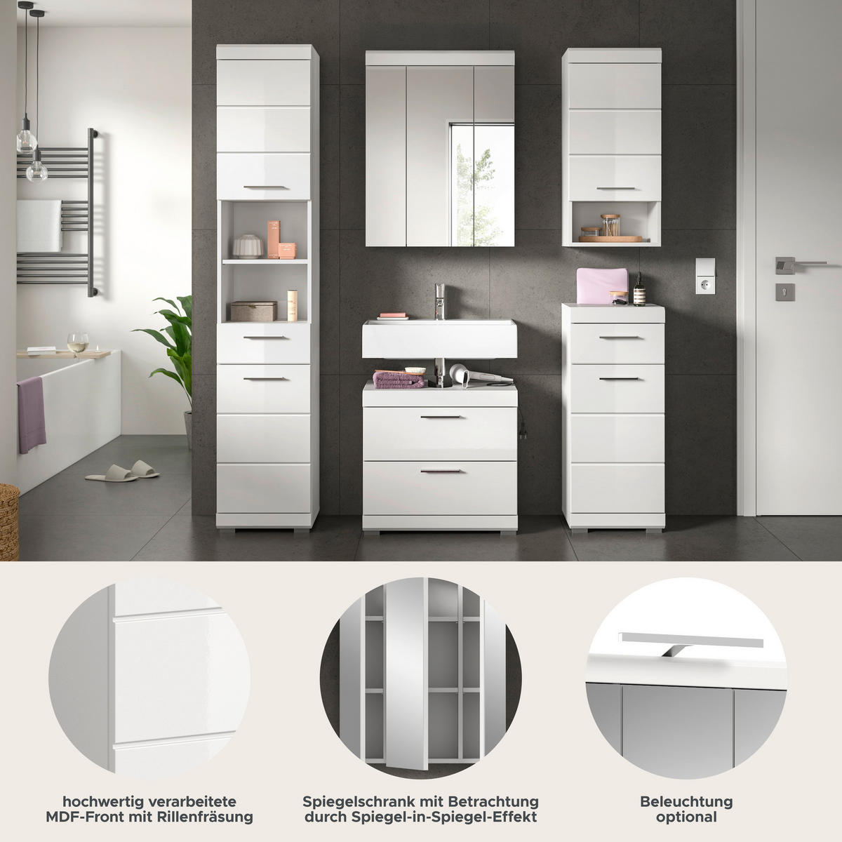 Badezimmer-Set Scout weiß weiß Hochglanz B/H/T: ca. 164x191x37 cm Scout - weiß (164,00/191,00/37,00cm) - xonox.home