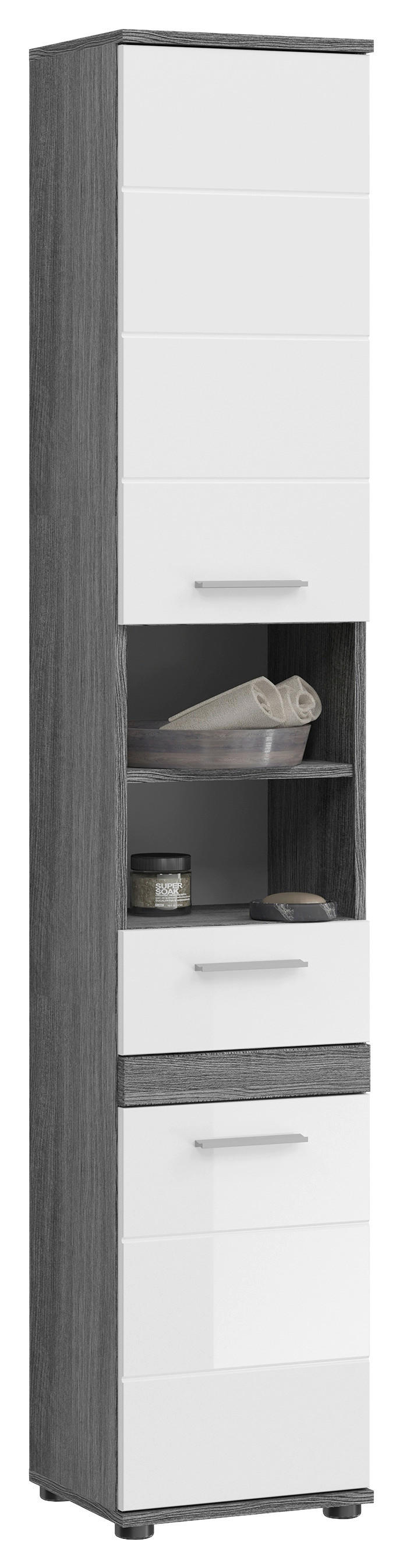 Hochschrank BLAKE Rauchsilber Nachbildung weiß Hochglanz B/H/T: ca. 35x191x31 cm BLAKE - weiß (35,00/191,00/31,00cm) - xonox.home