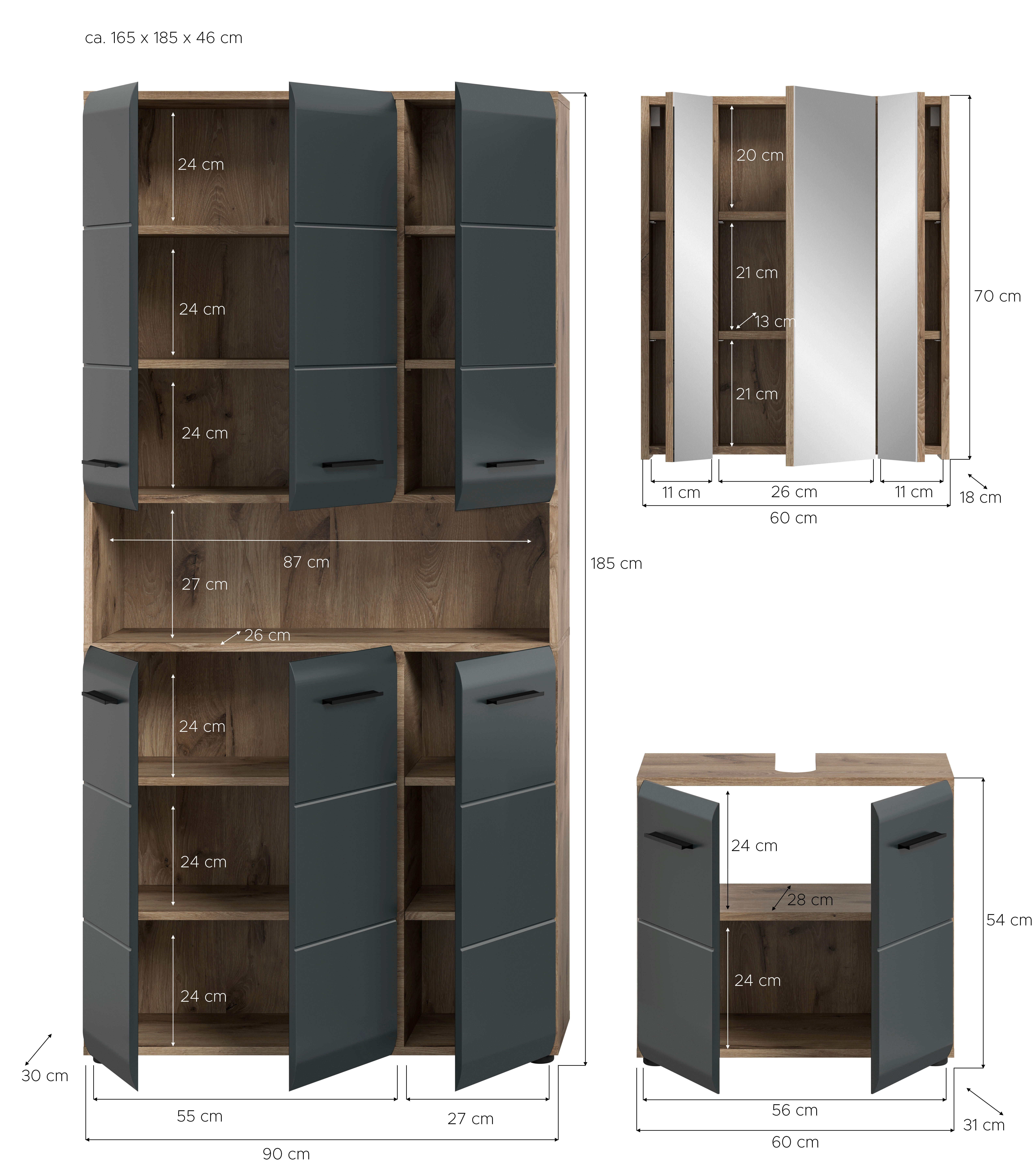 Badezimmer-Set Ice Nox Oak Nachbildung schwarz matt B/H/T: ca. 165x185x46 cm Ice - schwarz (165,00/185,00/46,00cm) - xonox.home