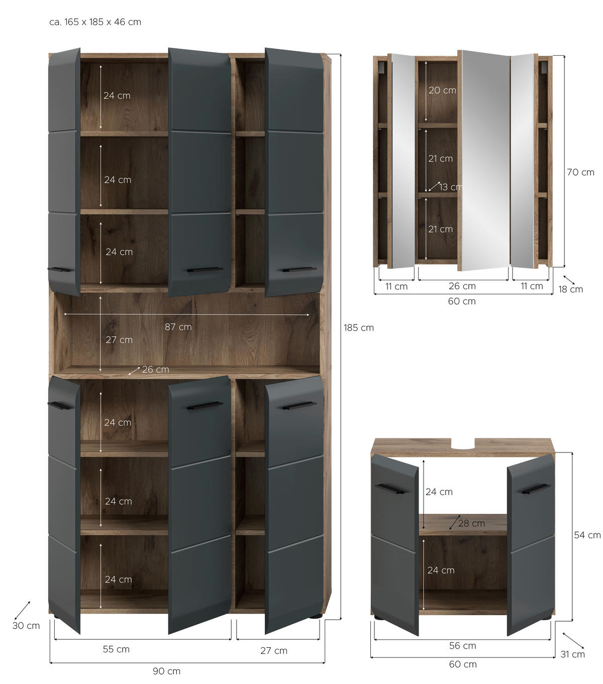 Badezimmer-Set Ice Nox Oak Nachbildung schwarz matt B/H/T: ca. 165x185x46 cm Ice - schwarz (165,00/185,00/46,00cm) - xonox.home