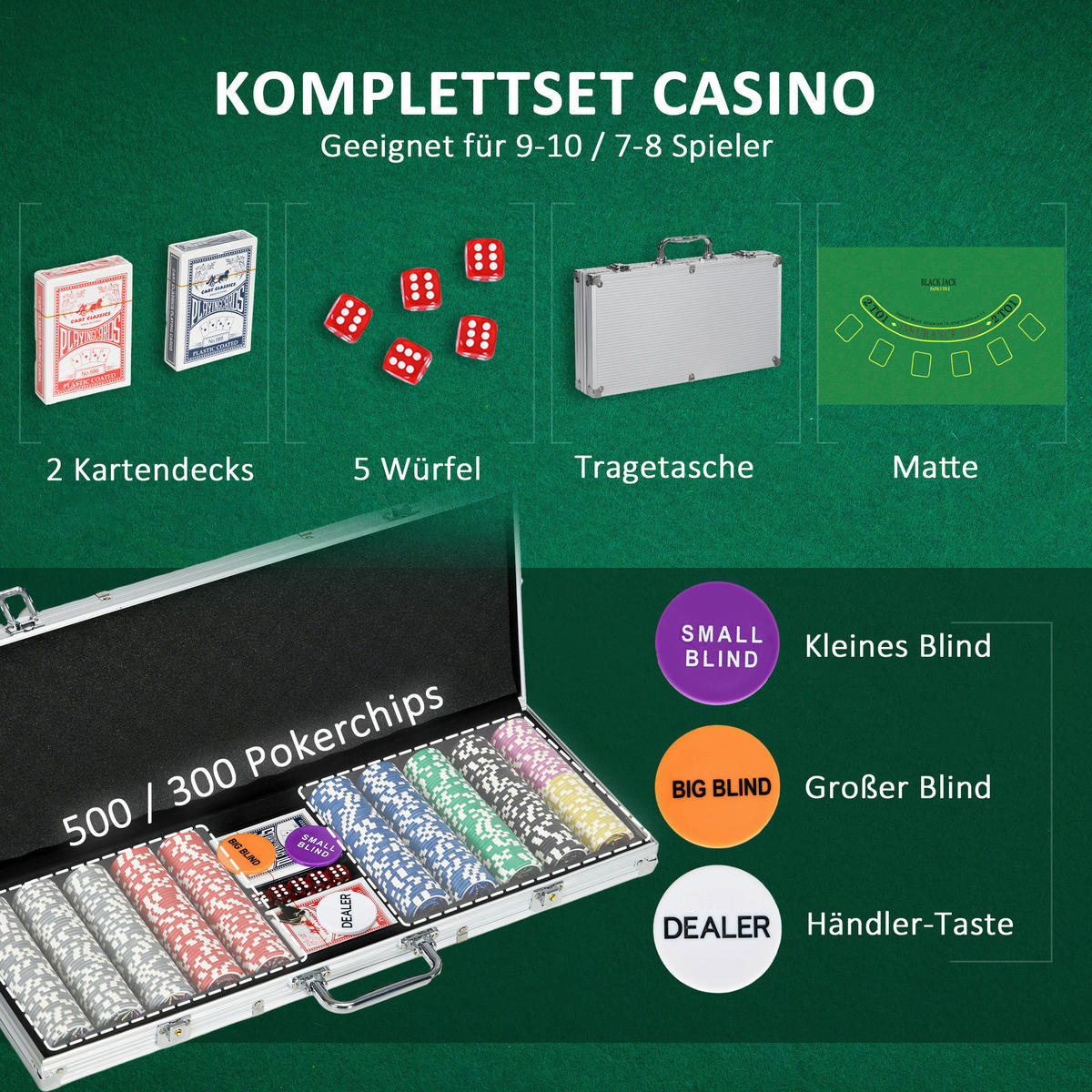 SPORTNOW Spielzeug B/H/L: ca. 23,5x56x6,5 cm Pokerkoffer_Set - silber (6,50/23,50/56,00cm) - SPORTNOW