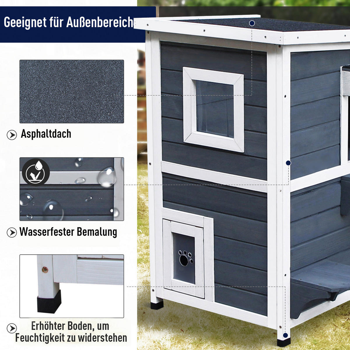 PawHut Katzenvilla grau Holz B/H/L: ca. 51x81x51 cm Katzenvilla - weiß/grau (51,00/51,00/81,00cm) - PawHut