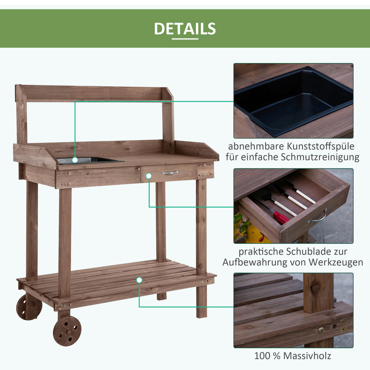 Outsunny Pflanztisch mit Rollen braun B/H/L: ca. 45x119x94 cm Gärtnertisch 845-460BN - braun (94,00/45,00/119,00cm) - Outsunny