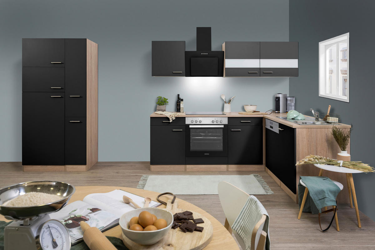 Respekta Winkelküche Economy schwarz matt B/H/T: ca. 310x200x172 cm Economy - Eiche/schwarz (310,00/200,00/172,00cm) - Respekta