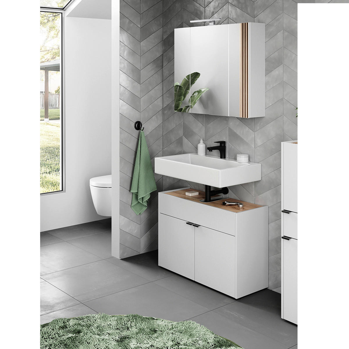 Badezimmer-Set 7839-242 weiß Eiche Navarra Nachbildung B/H/T: ca. 80x200x34 cm 7839-242 - Eiche/weiß (80,00/200,00/34,00cm) - Germania