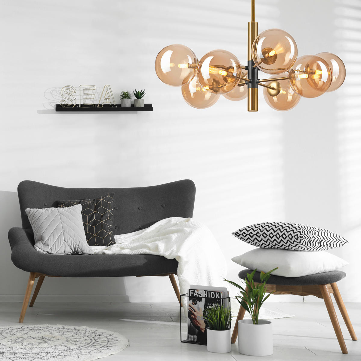 Lamkur Pendelleuchte schwarz Metall Glas B/H/L: ca. 68x76x68 cm E14 8 Brennstellen ROLLO - schwarz (68,00/68,00/76,00cm) - Lamkur