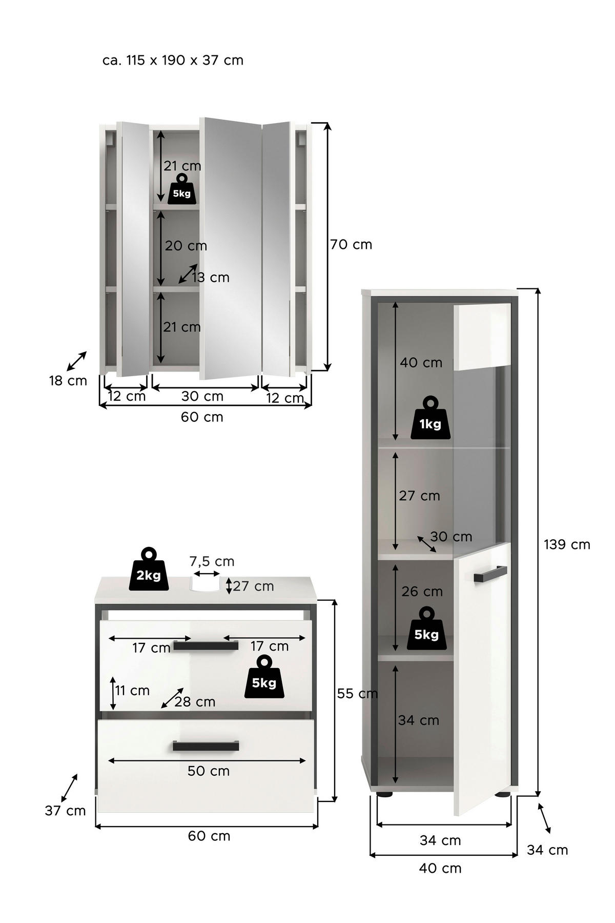 Badblock KOJAK weiß Hochglanz anthrazit grau B/H/T: ca. 115x188x37 cm KOJAK - weiß/anthrazit (115,00/188,00/37,00cm) - xonox.home