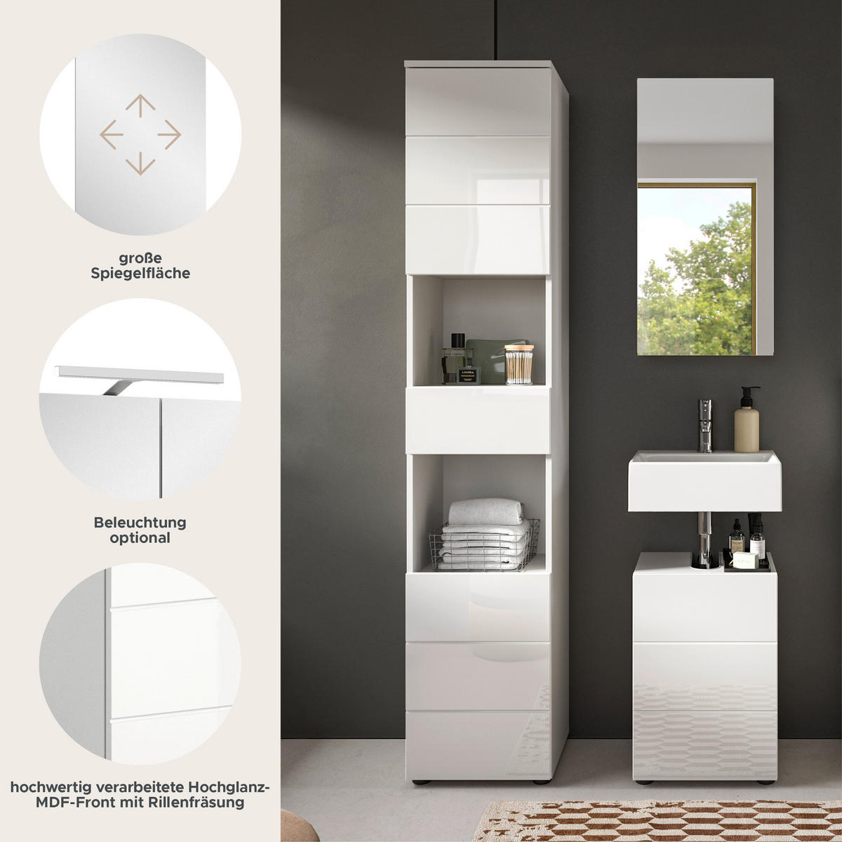 Badezimmer-Set VIRA weiß weiß Hochglanz B/H/T: ca. 91x190x34 cm VIRA - weiß (91,00/190,00/34,00cm) - xonox.home