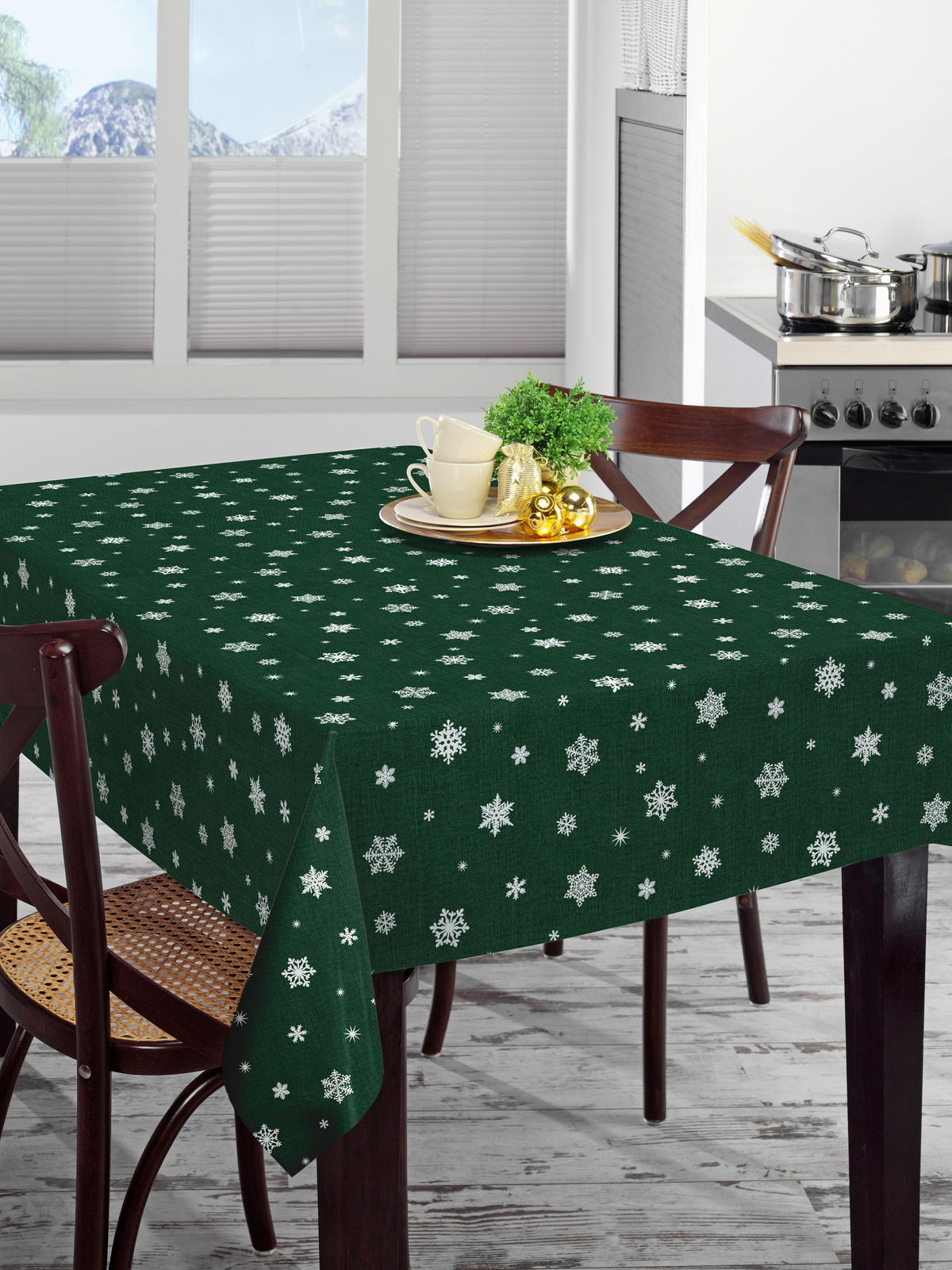 Milano Abwaschbarer Tischbelag Schneeflocken grün B: ca. 140 cm Schneeflocken - grün/silber (140,00cm) - Milano