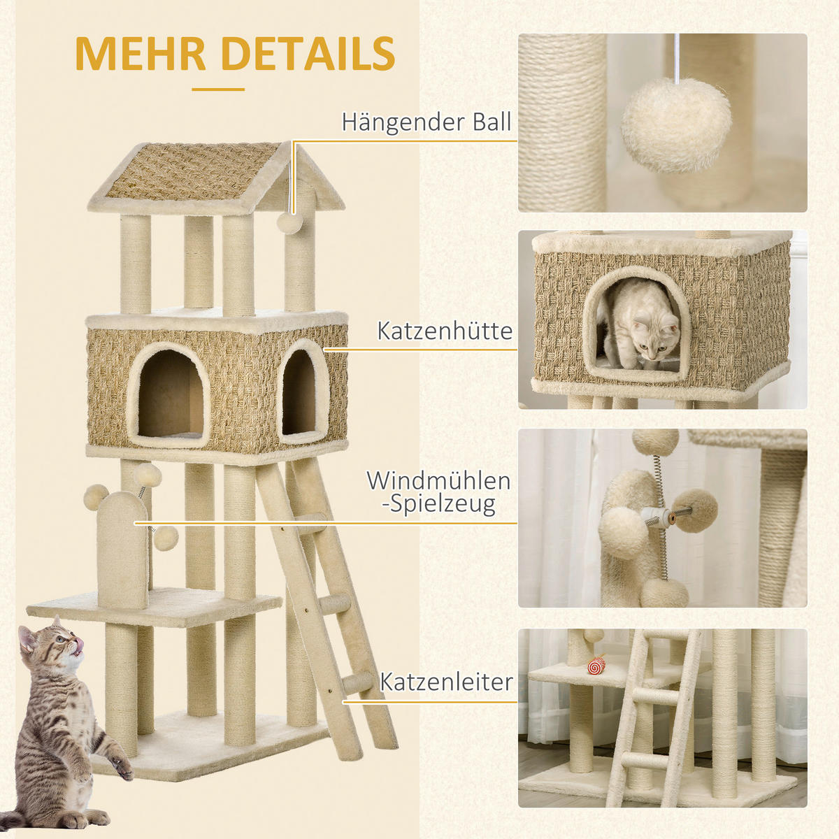 PawHut Kratzbaum beige Polyester B/H/L: ca. 40x131x69 cm Kratzbaum - beige/khaki (69,00/40,00/131,00cm) - PawHut