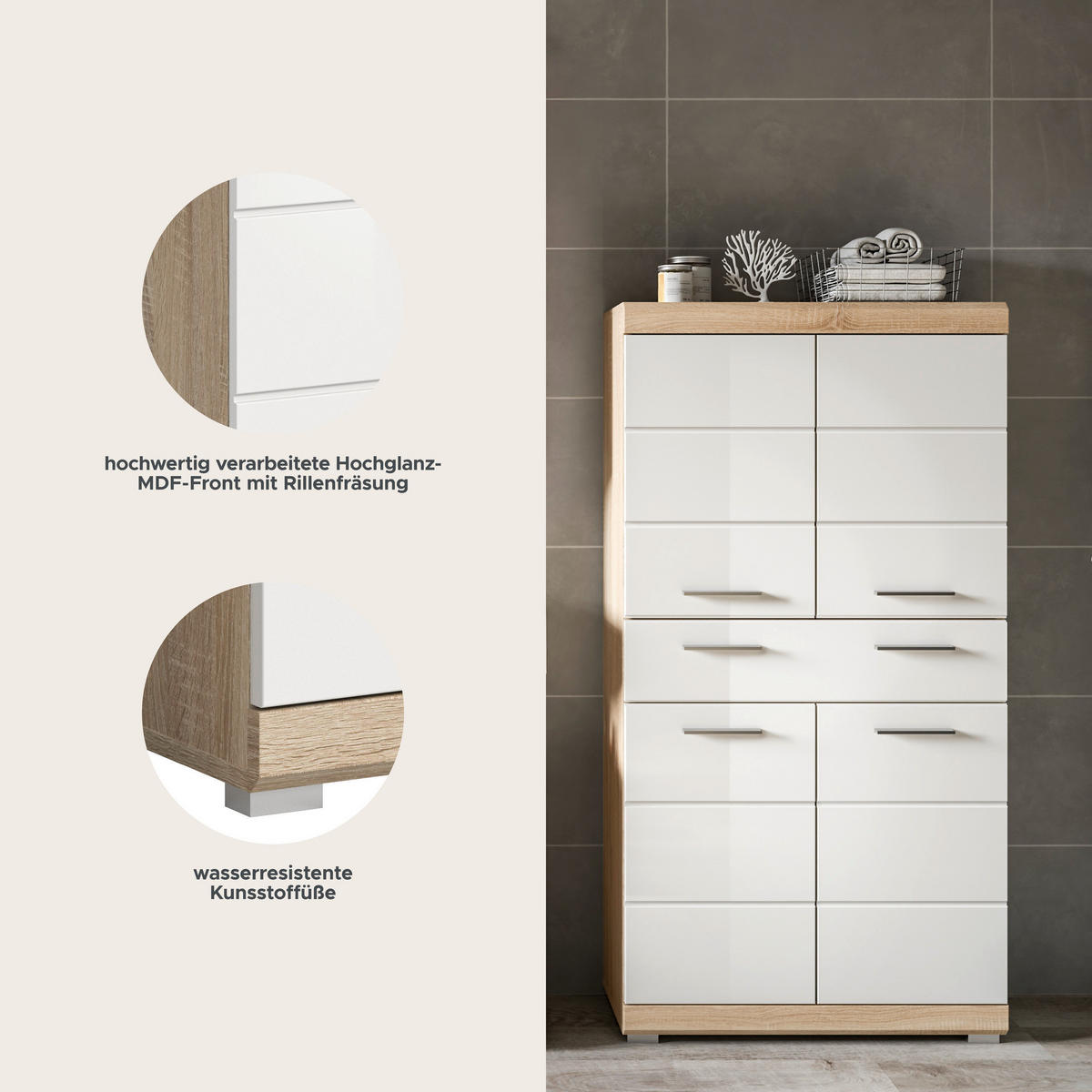 Midischrank Lambada Eiche Sonoma Nachbildung weiß Hochglanz B/H/T: ca. 74x141x31 cm Lambada - Eiche/weiß (74,00/141,00/31,00cm) - xonox.home