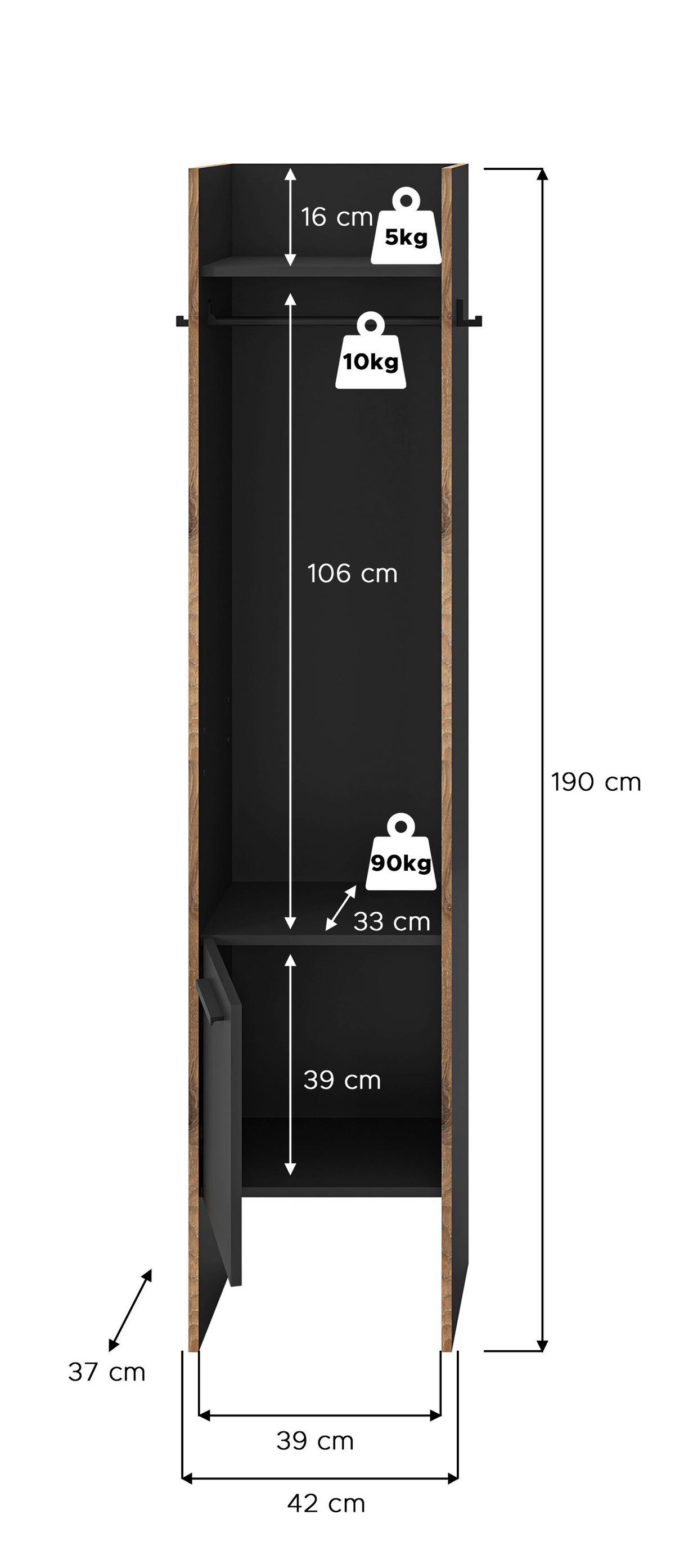 Garderobenschrank Bueno Basalt Nox Oak Nachbildung B/H/T: ca. 42x189x37 cm Bueno - Basalt (42,00/189,00/37,00cm) - xonox.home
